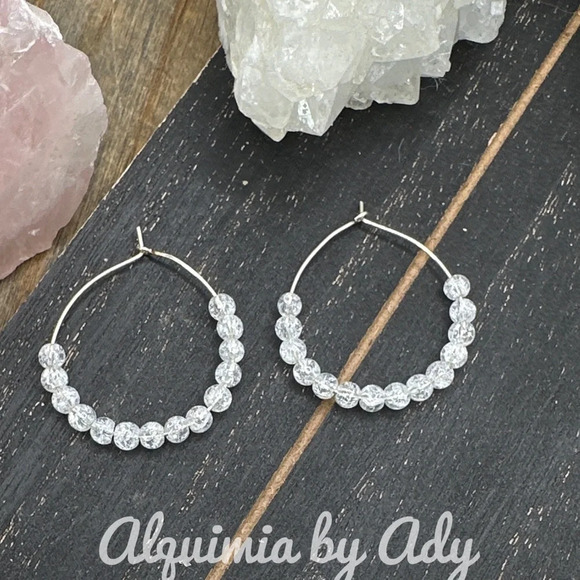 Clear quartz beaded medium silver handmade hoops earrings - Picture 1 of 1